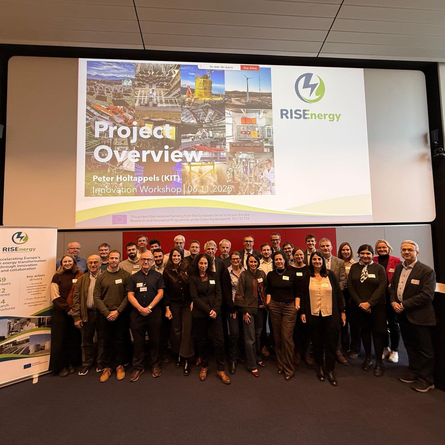 Consortium group photo in front of a RISEnergy project-overview slide